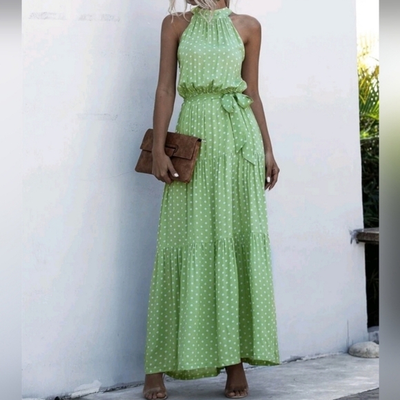 * NEW Chic Polka Dot Tiered Ruffle Halter Maxi Dress Green White - Picture 2 of 10